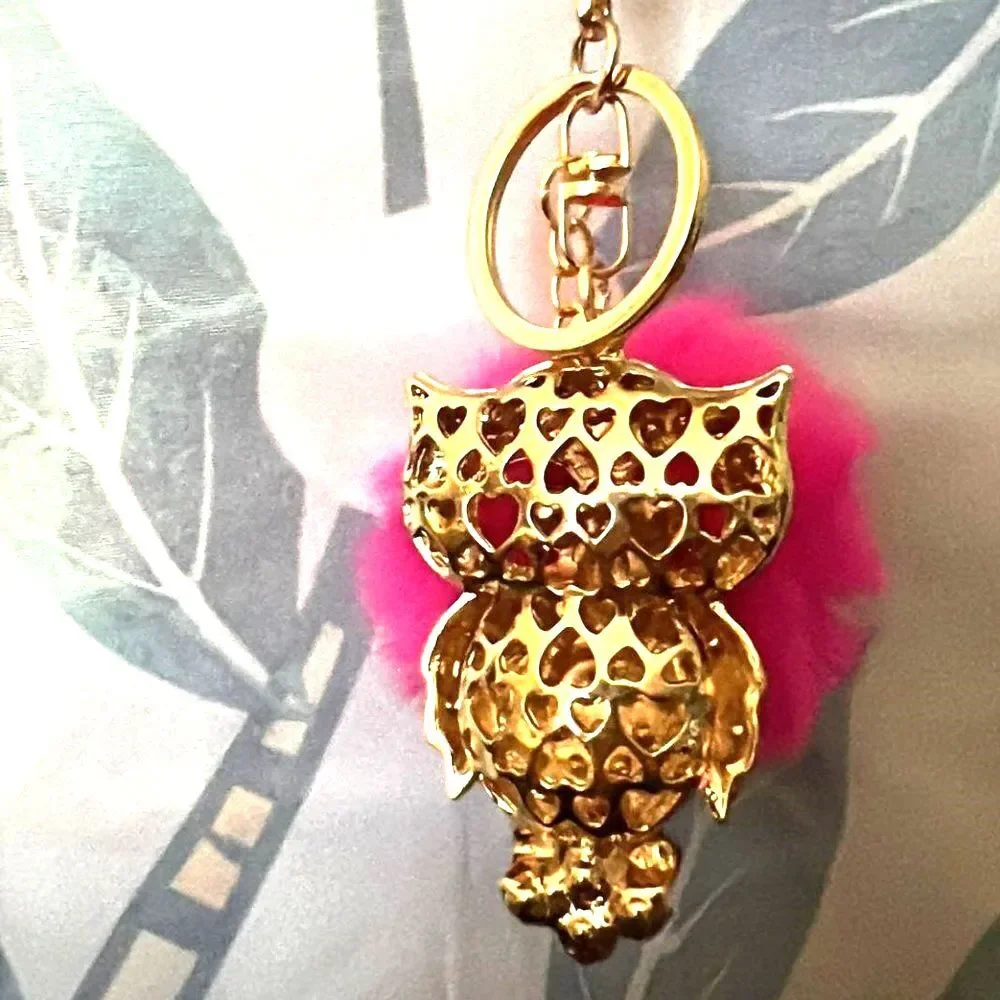 Adorable Rhinestone Owl with Pom Pom Purse Charm/Keychain - NEW!